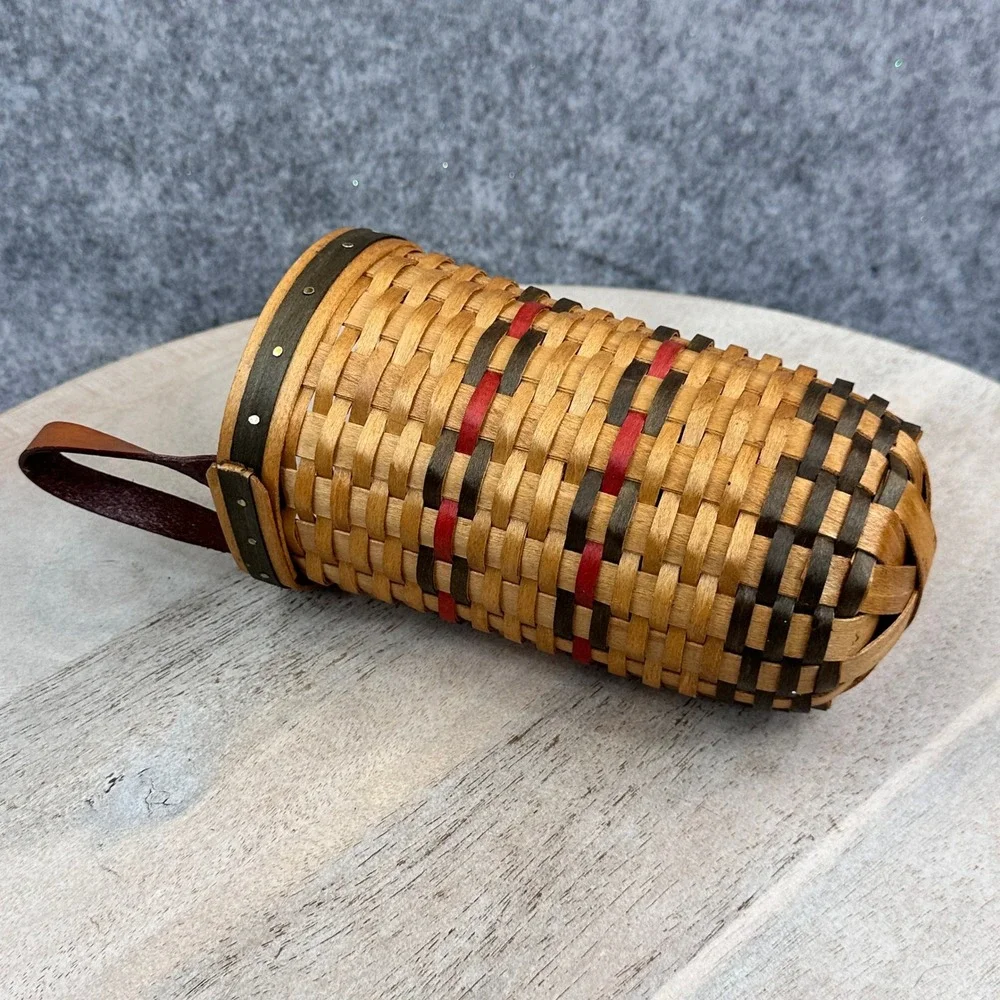 Bradford Basket Company 1997 Christmas Candle Basket Woven Wood Leather Handle